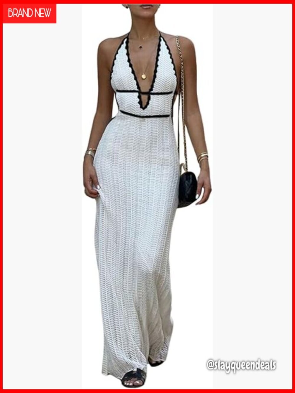 Tie Backless Maxi Halter Dress Deep V Neck Sleeveless Knit Elegant